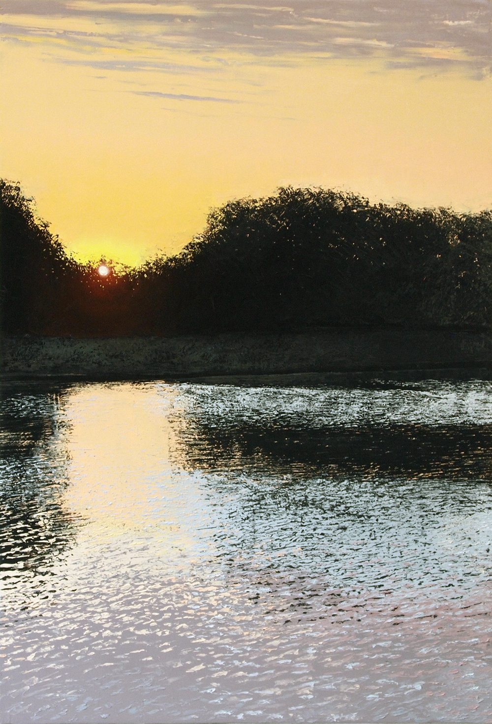 peinture de l'artiste benoit trimborn : coucher de soleil sur la rivière