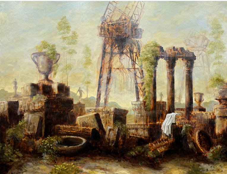 peinture de l'artiste Patrick Bastardoz,ruine et arbres