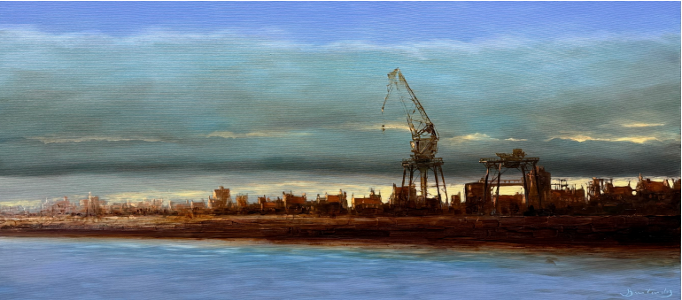 peinture de l'artiste Patrick Bastardoz
grues et port